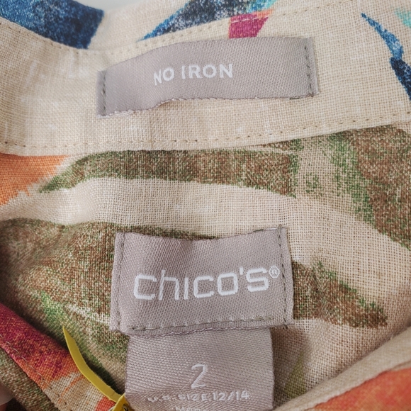 CHICO'S Linen Tropical Button Down Tab Sleeve Blouse Shirt Sz 2 12/14 Palm Leaf - Picture 9 of 11